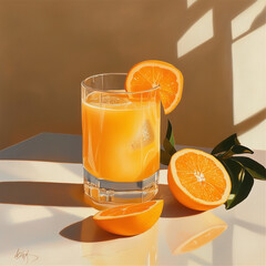 A glass of orange juice with fresh orange slices, condensation on the glass, bright and refreshing, set against a sunny breakfast table