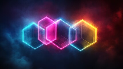 Fototapeta premium Glowing neon hexagons in smoky space, futuristic background, digital art