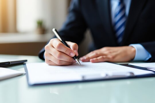 A Professional Businessman in a Suit Signing Important Documents at a Modern Office Desk with Natural Light Streaming Through a Window