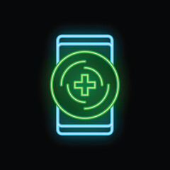 Obraz premium Neon green medical app icon glowing on smartphone screen on black background