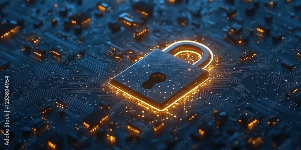 Poster digital padlock symbolizing cybersecurity on circuit board background with glowing elements and intr