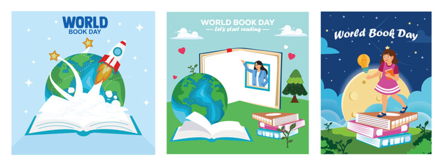 World Book Day Concept Illustrations featuring books, earth, and imaginative themes.
