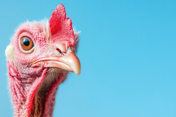 A rooster with a red head and a red beak, with ample copy space for text.