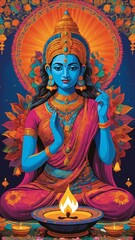 A vibrant, colorful pop art illustration of India, featuring a heritage city, a peacock, temple architecture, and a depiction of a god. A modern, artistic take on traditional Indian culture .