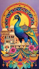 A vibrant, colorful pop art illustration of India, featuring a heritage city, a peacock, temple architecture, and a depiction of a god. A modern, artistic take on traditional Indian culture .