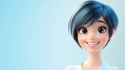 Fototapeta premium A smiling, pretty cartoon character of a young adult woman with a short haircut is depicted in 3D style against a light background.