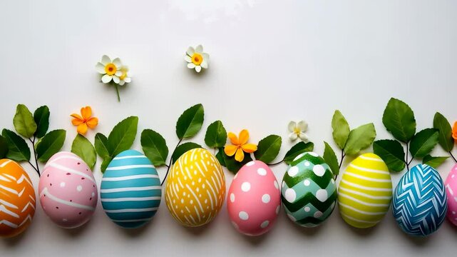 Colorful Easter eggs with spring flowers on a white background. Festive frame made of colorful eggs. With a copy space. Generative 4k video