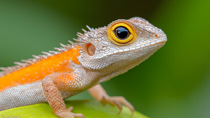 Obraz premium Orange lizard portrait, tropical leaf, green background, wildlife