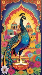 Fototapeta premium A vibrant, colorful pop art illustration of India, featuring a heritage city, a peacock, temple architecture, and a depiction of a god. A modern, artistic take on traditional Indian culture .