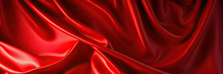 Obraz premium Red silk satin. Curtain. Luxury background for design. Shiny fabric. Wavy folds. Christmas, Valentine, Valentine's day, anniversary, awarding, festive. Web banner. Wide. Panoramic.