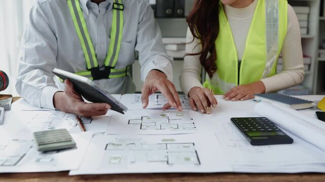 Close up of hands working brainstorming and measuring for cost estimating on paperworks and floor plan drawings about design architectural and engineering for houses and buildings.