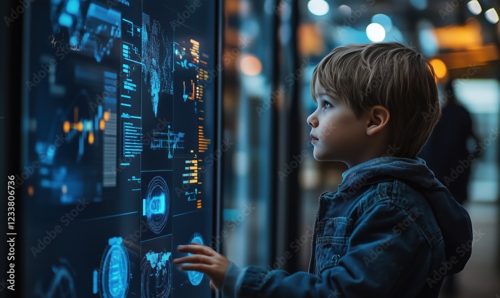 Aufkleber child interacting with futuristic digital interface displaying technology and data visualizations