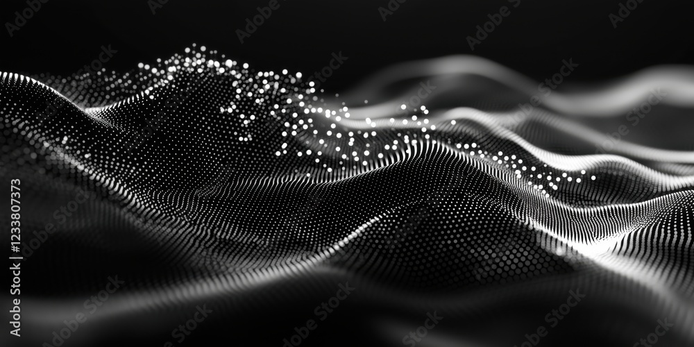 Poster abstract black and white wave patterns with dots creating a 3d landscape effect