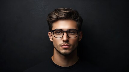 Obraz premium Crisp headshot of a tech professional wearing glasses positioned in front of a sleek matte black background