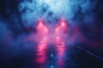 A Foggy Night Road Lit By Pink Lights