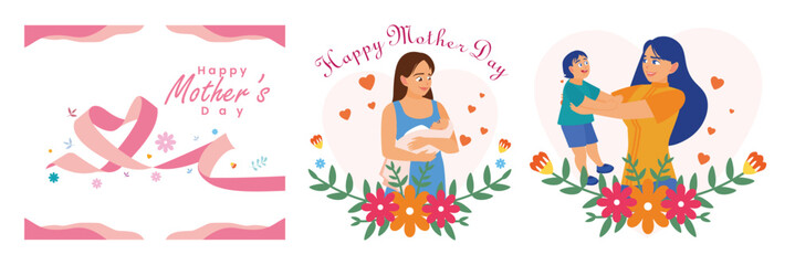 Happy Mother's Day illustrations featuring celebrations, love, and parenting moments.