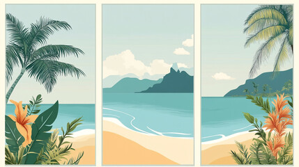 Obraz premium Tranquil Beach Sunset Scene, Tropical Sunset Over Mountains. Minimalist Flat Art.