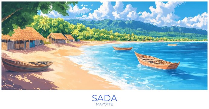 Sada Mayotte Travel Poster Flat Illustration Print Decor Gift Canvas Wall Art