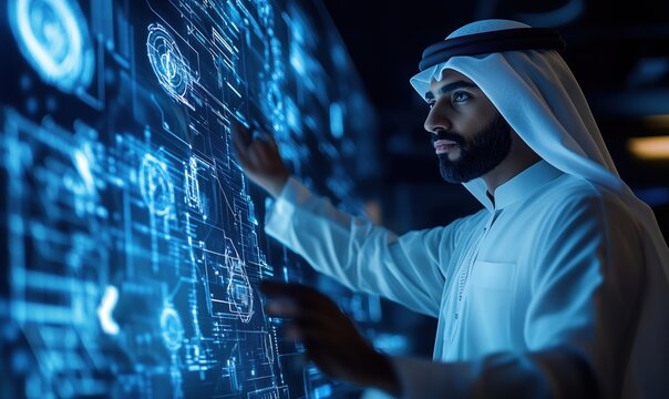 Arab man interacting with futuristic holographic technology in modern digital environment