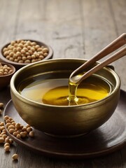 Pure and natural soybean oil with fresh soybeans, highlighting its rich texture and nutritional benefits. A perfect choice for healthy cooking and premium-quality culinary applications.