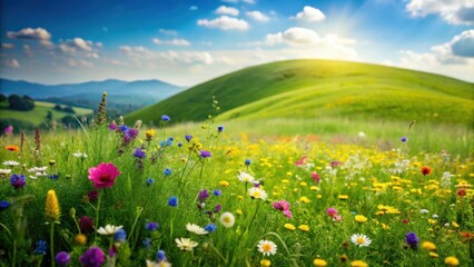Vibrant green grass border with a few scattered wildflowers and a gentle hill in the background, creating a serene landscape, nature borders, countryside views
