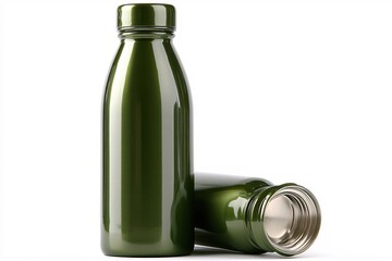 Two green metallic bottles on white background one standing and one lying down studio shot
