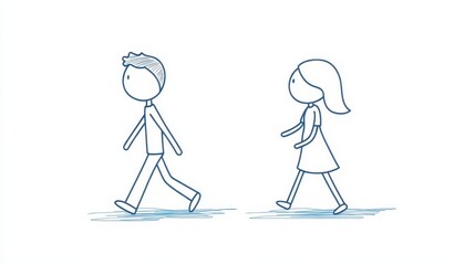 Obraz premium A stick figure man and woman are depicted walking side by side in a side view vector illustration, illustrating the movement and progression of both male and female figures.