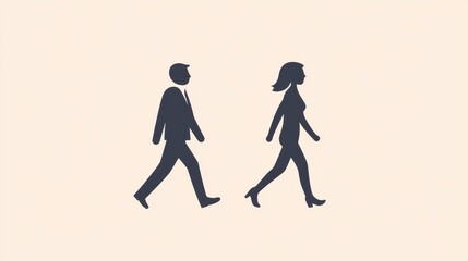 A stick figure man and woman are depicted walking side by side in a side view vector illustration, illustrating the movement and progression of both male and female figures.