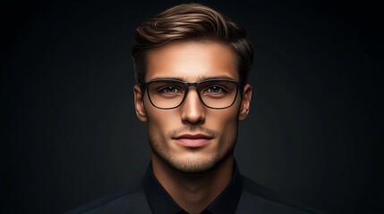 Fototapeta premium Crisp headshot of a tech professional wearing glasses positioned in front of a sleek matte black background