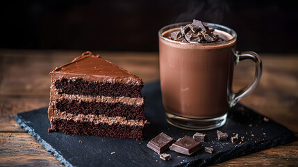 Warm French Hot Chocolate Served with Layered Chocolate Cake Slice