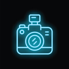 Blue neon sign of a camera flashing, glowing on a dark background