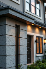 Obraz premium Modern House Exterior at Dusk: Grey Brick Facade, Contemporary Design, Luxury Home Architecture