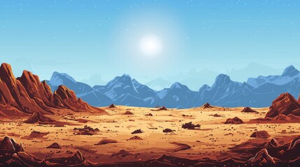Naklejka premium Arid Desert Landscape Under Bright Sun And Blue Mountains