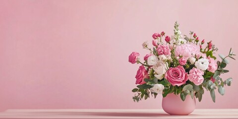Beautiful pink floral arrangement featuring roses, peonies, and ranunculus in a soft pink vase against a pastel pink background