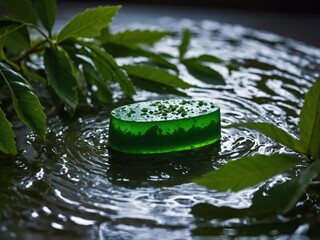 Refreshing neem and aloe vera soap with a dynamic water splash, symbolizing purity, natural skincare, and deep hydration. A perfect blend of herbal care and skin nourishment.