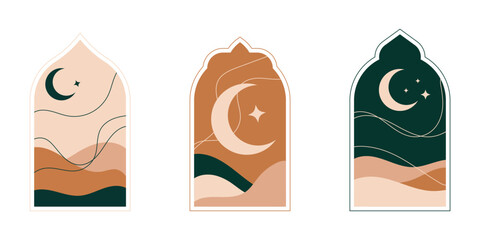 Oriental style Islamic shapes windows and arch. Arabic Muslim design for Ramadan Kareem.