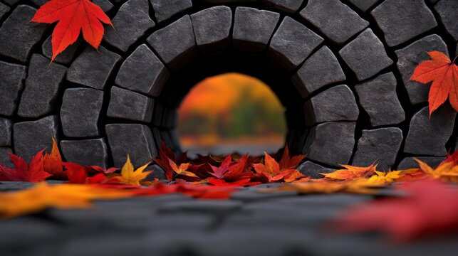 Autumn Portal: A captivating perspective through a circular stone archway, showcasing a stunning autumn landscape. The vivid reds and yellows of falling leaves are framed by the gray stone walls. - Powered by Adobe