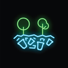 This neon sign shows plastic trash polluting the soil of a forest, highlighting the issue of plastic pollution