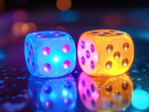 Two luminous dice on reflective surface with colorful bokeh lights creating a vibrant scene