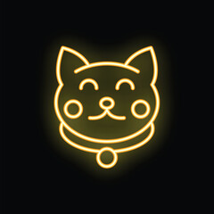 Yellow neon sign depicting a cute cat face wearing a collar, glowing on a black background