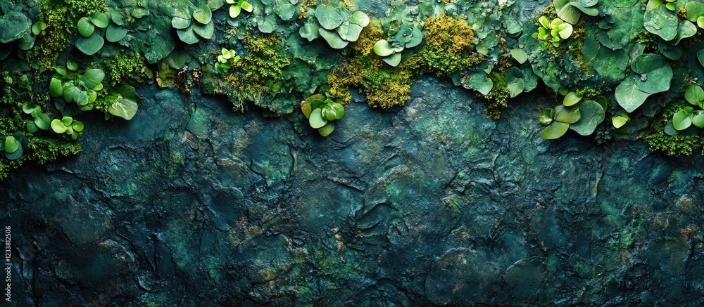 Poster lush green foliage with textured background of dark moss and water surface detailing copy space