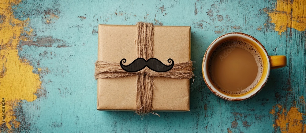 Poster gift box wrapped with twine and decorative mustache next to a cup of coffee on a rustic blue wooden 
