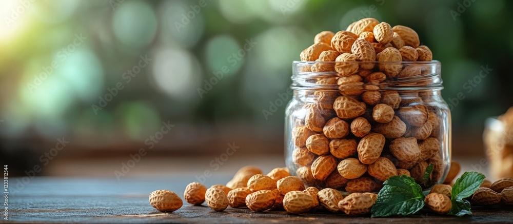 Poster assorted almonds and nuts in glass jar on wooden table with green blurred background copy space