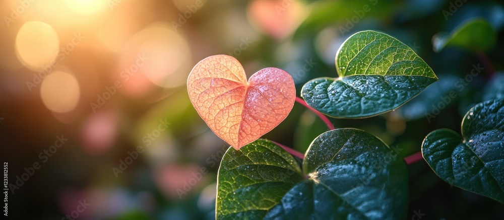 Aufkleber Heart-shaped leaf with water droplets on greenery during sunset with bokeh effect and Copy Space for text placement
