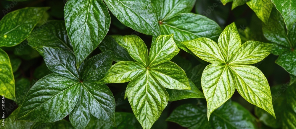 Poster green foliage with varying leaf shapes and textures against a dark background copy space