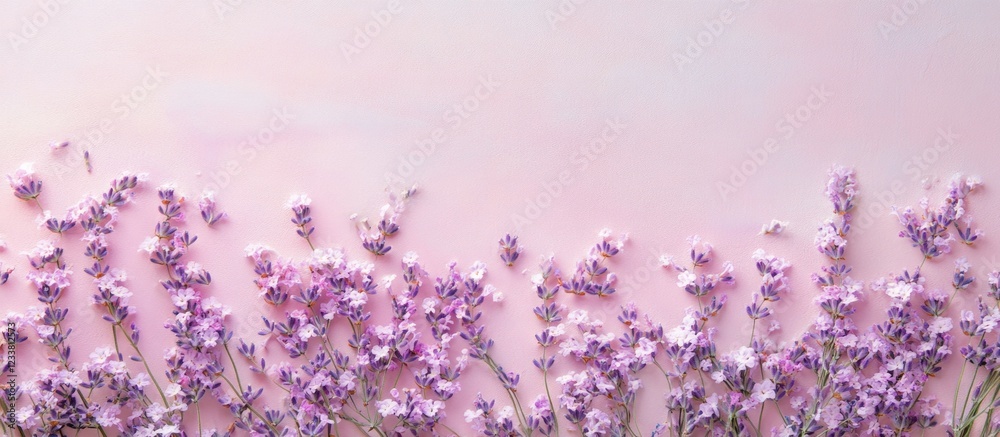 Poster lavender flowers on soft pink background with copy space for text placement