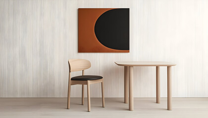 Gourmet food flat lay. Minimalist wooden chair and table with abstract wall art
