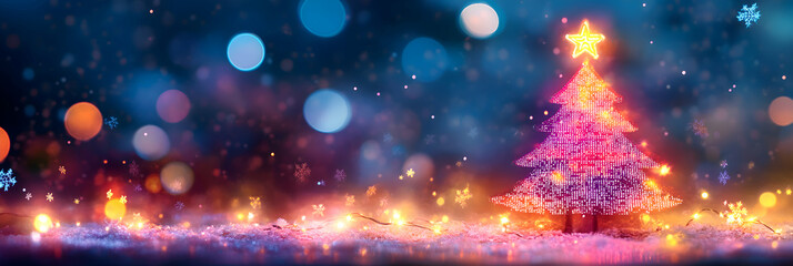 Obraz premium A Christmas tree made entirely of holographic lights, glowing in a futuristic cityscape with snowflakes that shimmer like digital code