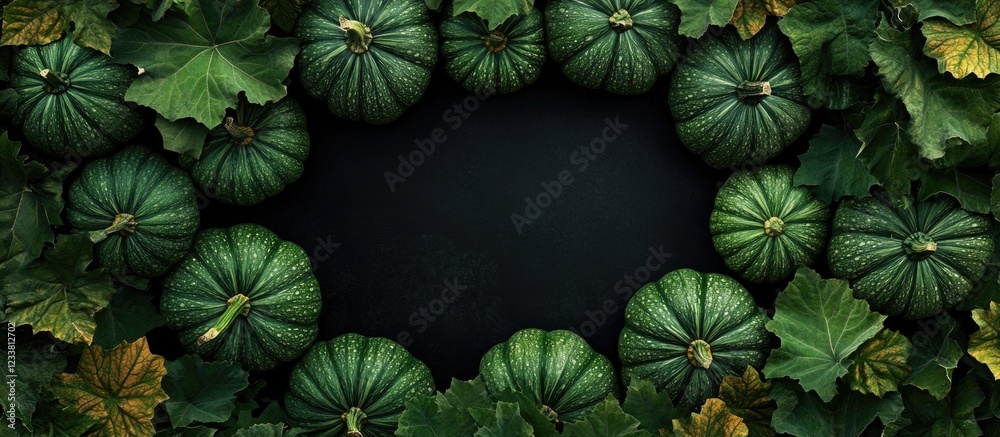 Poster green pumpkins surrounded by leaves on a dark background with copy space for text placement