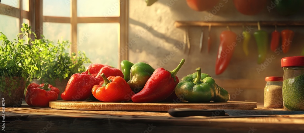 Poster freshly harvested colorful peppers and herbs on wooden kitchen table with jars and knife in a sunlit